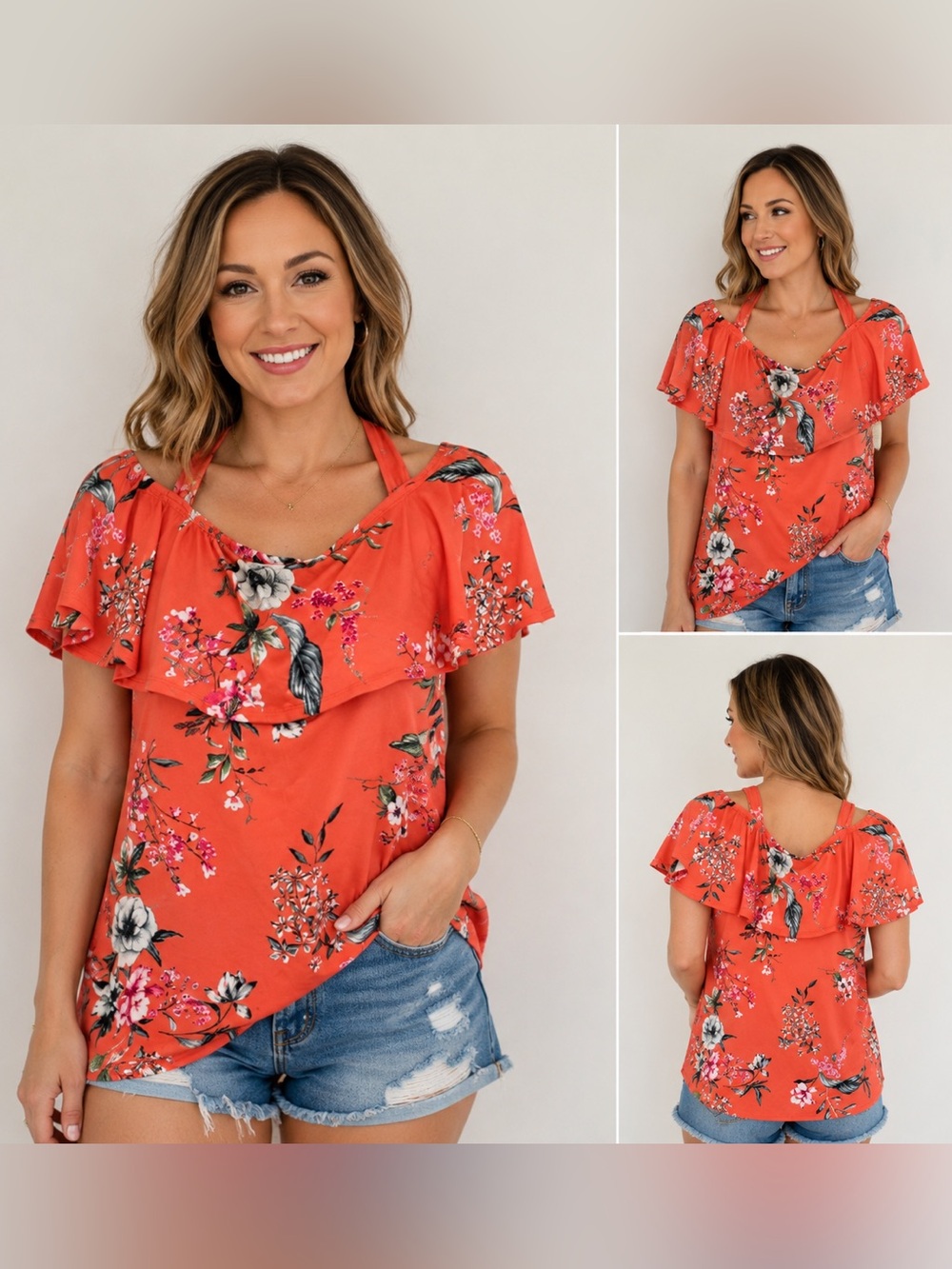 BOHO Y2K Style French Laundry Coral Off The Shoulder Floral Top MED NWT